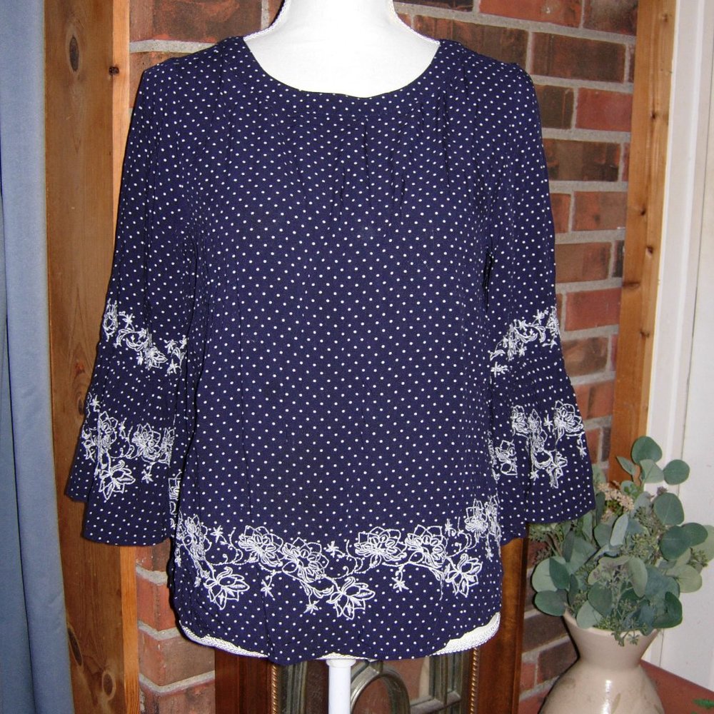 Max Jeans Embroidered Polka Dot Bell 3/4 Sleeves Top S